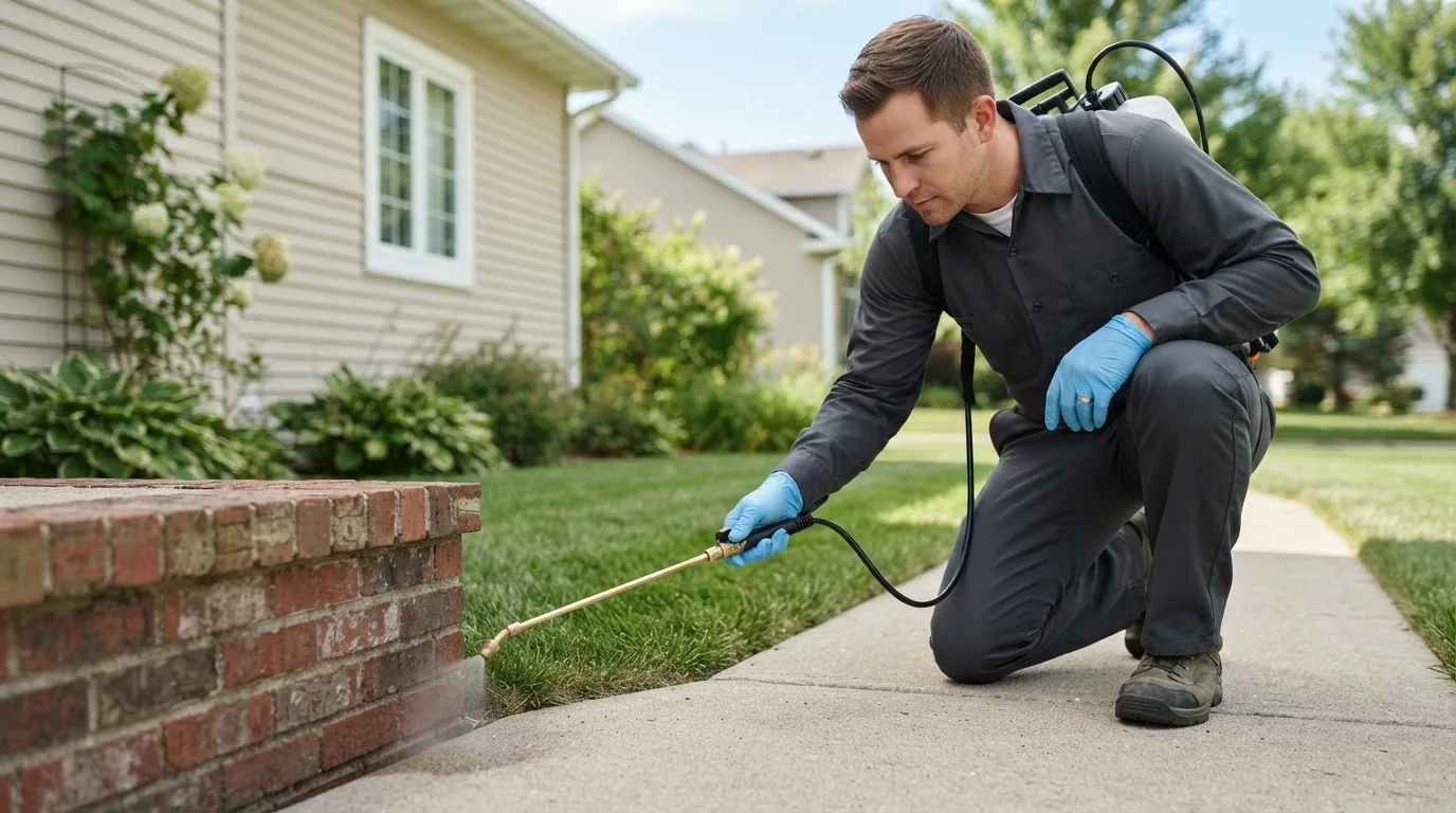 Pest control technician treating a home near Simms, TX