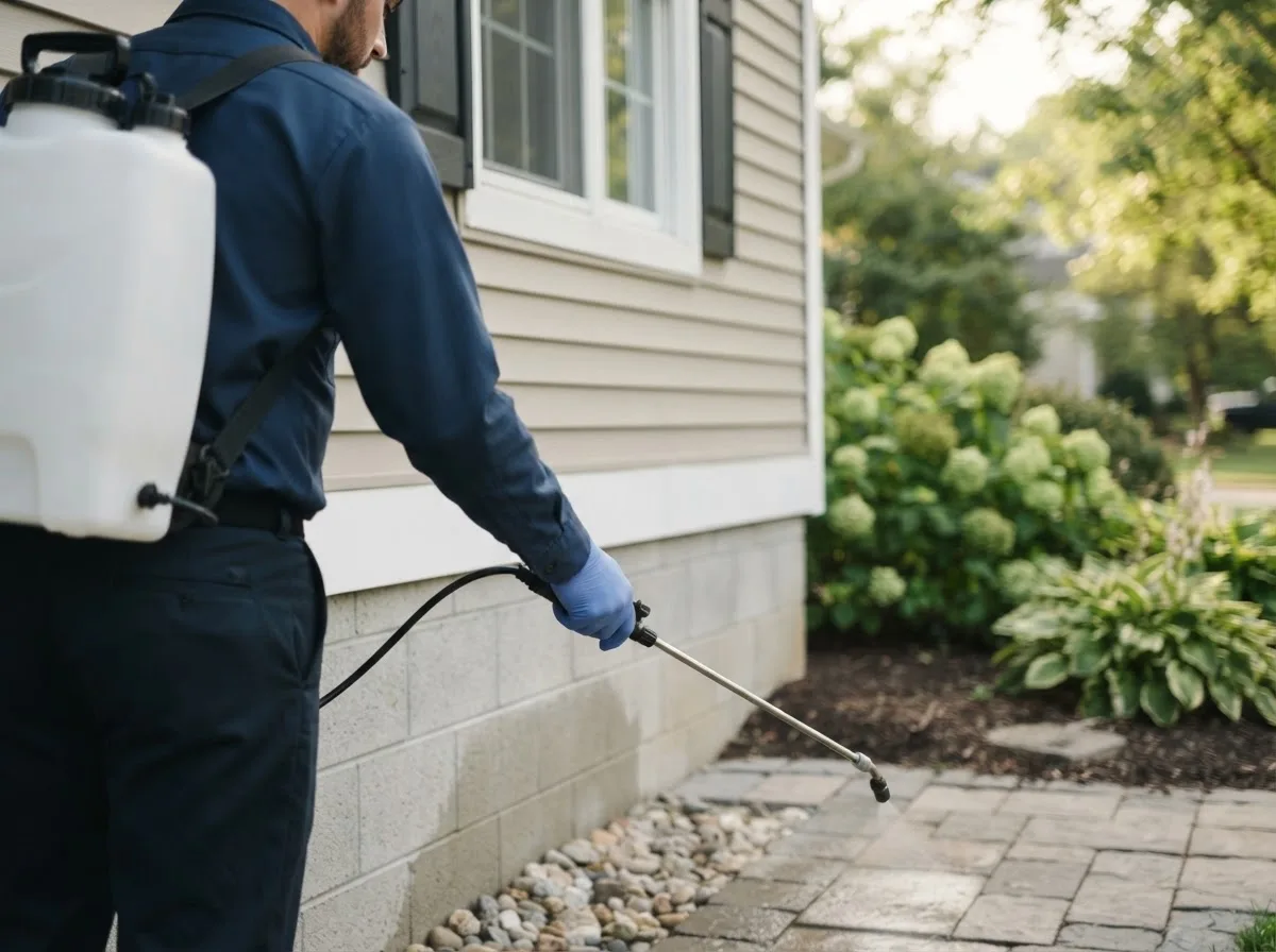 Pest control technician inspecting a home in Simms, TX